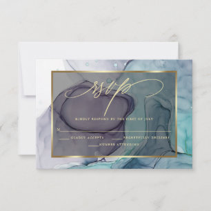 Elegant RSVP Plum Purple Teal Marble Ink  Card