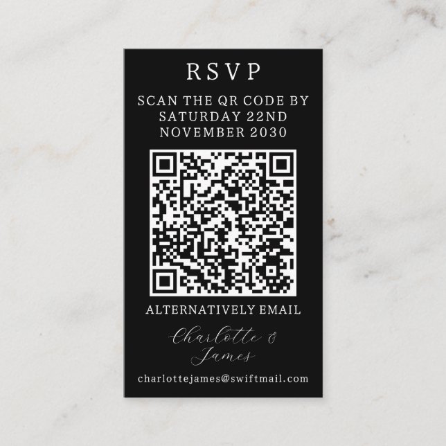 Elegant RSVP QR Code | Black And White Photo Enclosure Card (Front)