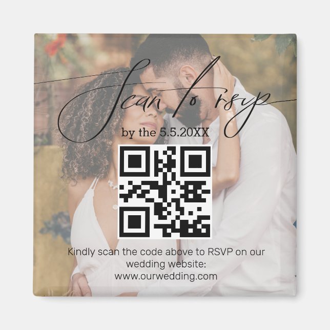 elegant rsvp qr code wedding faded photo magnet (Front)