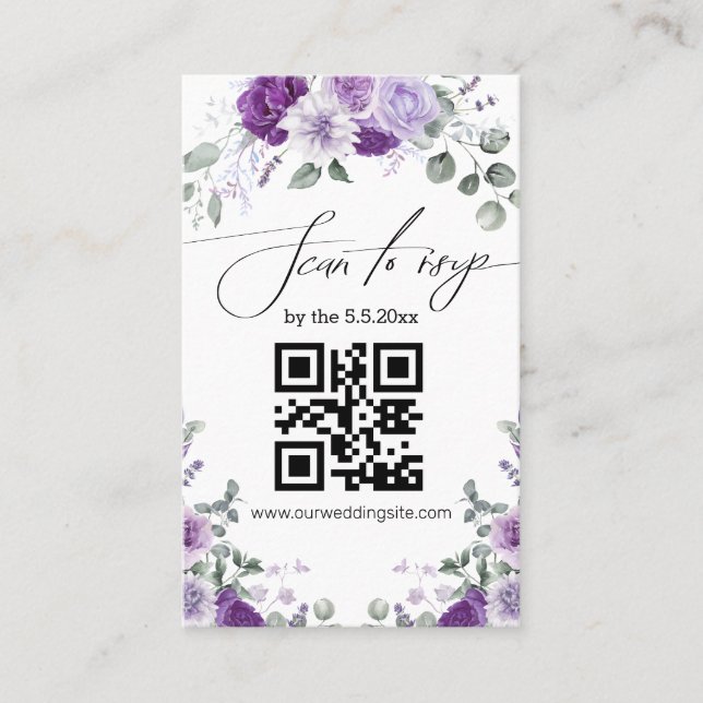 elegant rsvp qr code wedding purple floral card (Front)