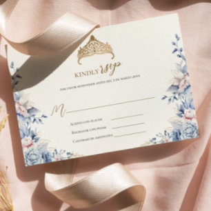 Elegant rsvp quinceañera Floral gold blue pink 