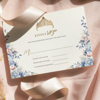 Elegant rsvp quinceañera Floral gold blue pink Card