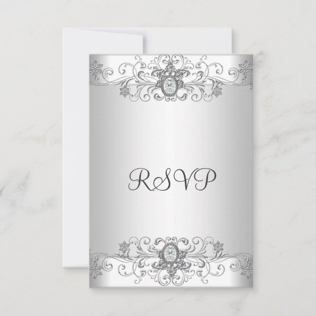 Elegant RSVP Silver White Diamond Card (Front)