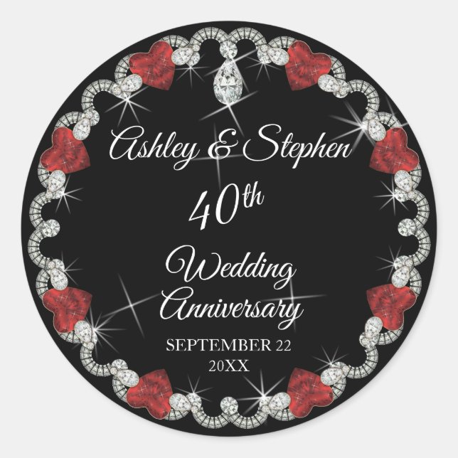 Elegant Ruby and Diamonds 40th Anniversary Classic Round Sticker (Front)