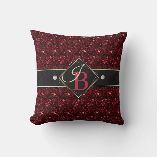 Elegant Ruby and Diamonds on Black Monogram Name Cushion (Front)