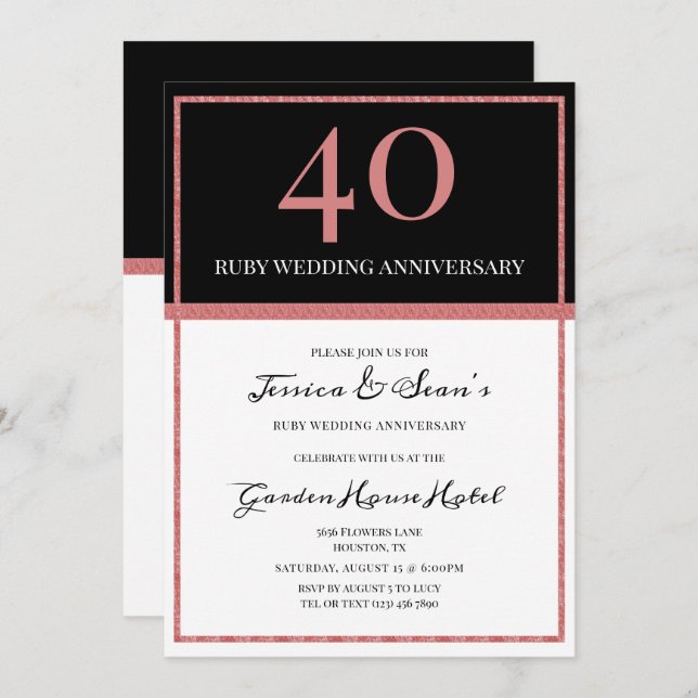 Elegant Ruby & Black 40th Wedding Anniversary Invitation (Front/Back)