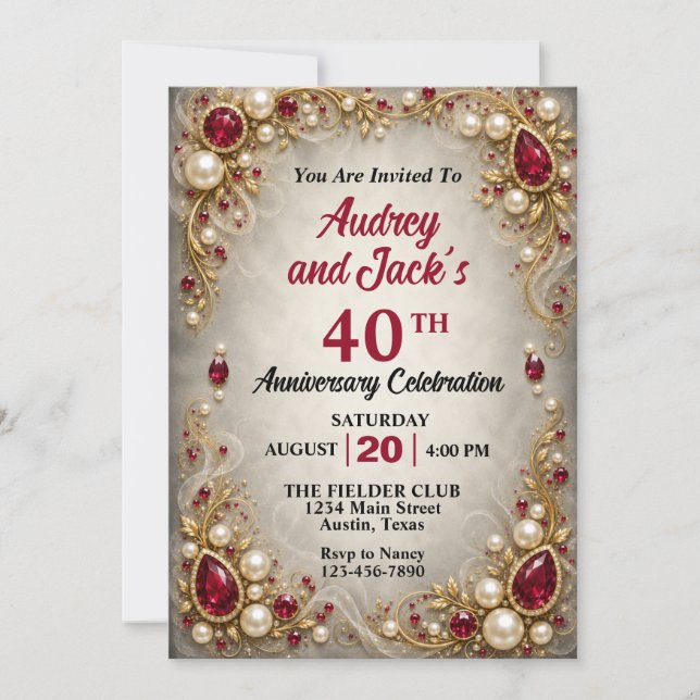 Elegant Ruby Border 40th Anniversary Invitation (Front)