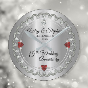 Elegant Ruby   Diamonds 15th Wedding Anniversary Round Clock