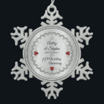 Elegant Ruby | Diamonds 15th Wedding Anniversary   Snowflake Pewter Christmas Ornament<br><div class="desc">Opulent elegance frames this 15th wedding anniversary design in a unique scalloped diamond design with centre teardrop diamond with faux heart-shaped rubies and added faux sparkles on a silver-tone gradient. Please note that all embellishments are printed and are only made to appear as real as possible in a flat, printed...</div>