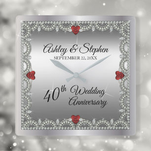 Elegant Ruby Diamonds 40th Wedding Anniversary Square Wall Clock