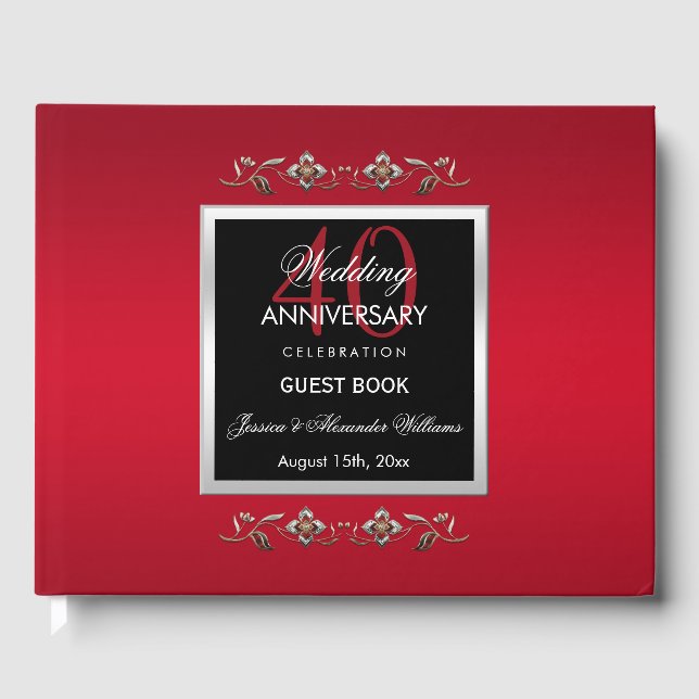 Elegant Ruby Gemstones 40th Wedding Anniversary Guest Book (Front)