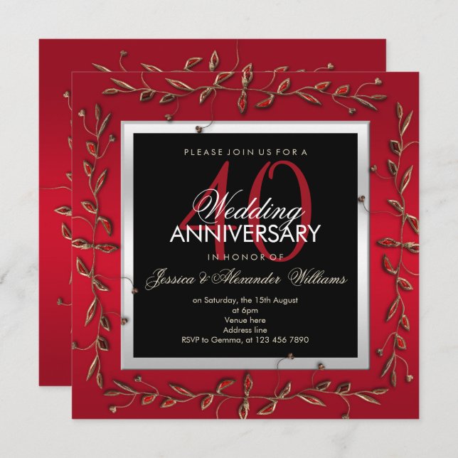 Elegant Ruby Gemstones 40th Wedding Anniversary Invitation (Front/Back)