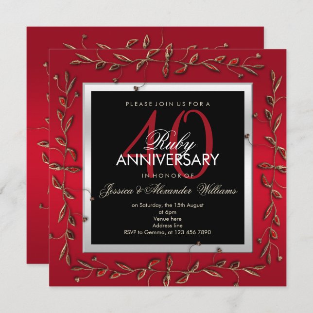 Elegant Ruby Gemstones 40th Wedding Anniversary Invitation (Front/Back)