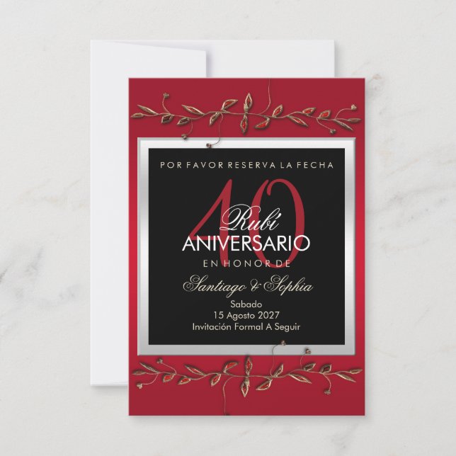 Elegant Ruby Gemstones 40th Wedding Anniversary Save The Date (Front)