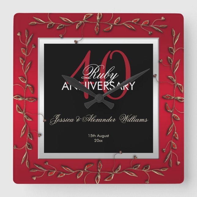 Elegant Ruby Gemstones 40th Wedding Anniversary Square Wall Clock (Front)