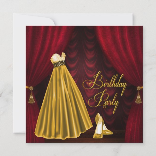 Elegant  Ruby Red and Gold Birthday Party Invitation (Front)