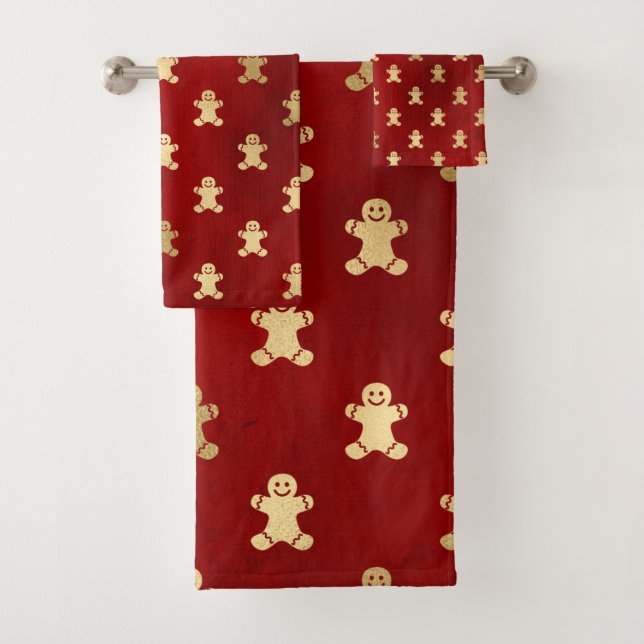 Elegant Ruby Red and Gold Gingerbread Man Bath Towel Set (Insitu)