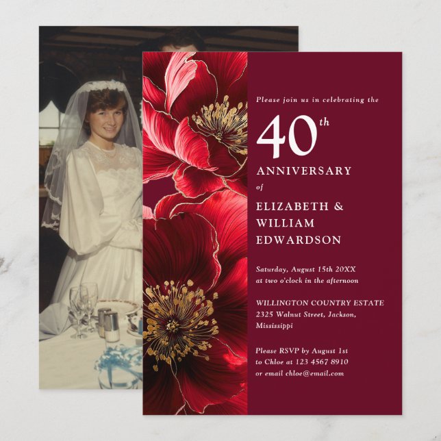 Elegant Ruby Red Floral 40th Anniversary Photo Invitation (Front/Back)