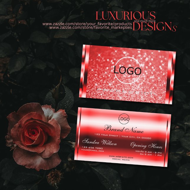 Elegant Ruby Red Glitter Luminous Stars and Logo Business Card (Creator Uploaded)