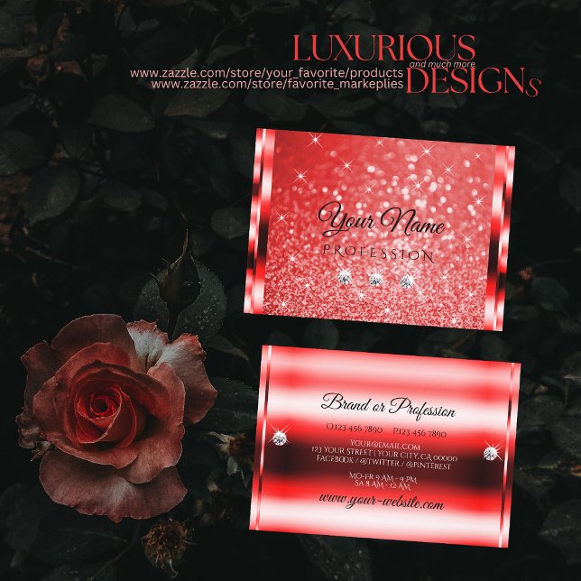 Elegant Ruby Red Glitter Luminous Stars Diamonds Business Card (Creator Uploaded)