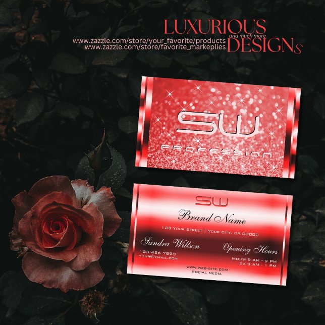 Elegant Ruby Red Glitter Luminous Stars Monogram Business Card (Creator Uploaded)