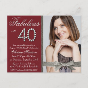 Elegant Ruby Red Glitter Rhinestone Fab 40 Photo Invitation