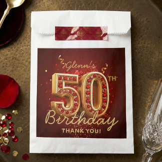 Elegant Ruby Red Gold 50th Birthday Thank You Favour Bags
