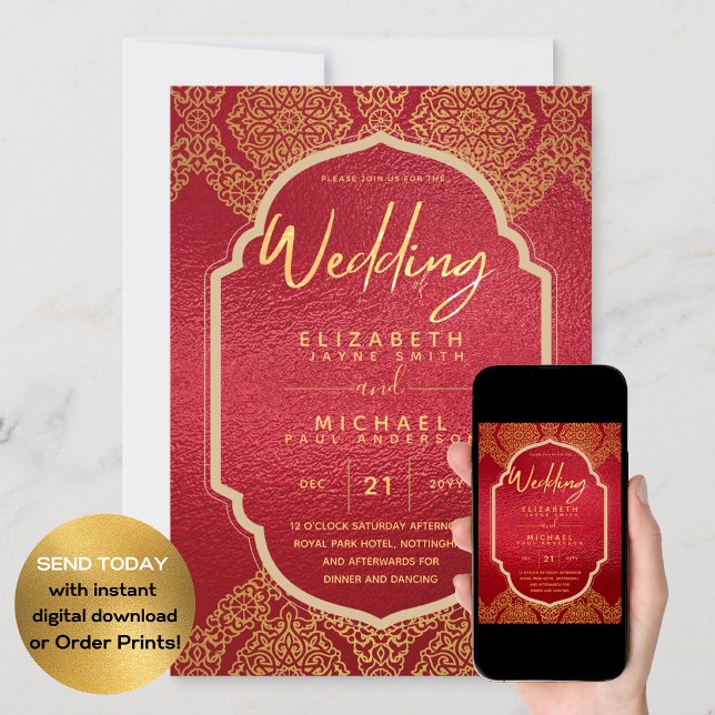 Elegant Ruby Red Gold Ornate Wedding Invitation (Creator Uploaded)