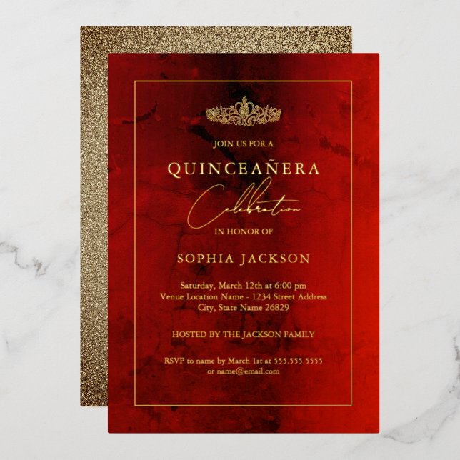 Elegant Ruby Red Gold Quinceanera 15th  (Front/Back)