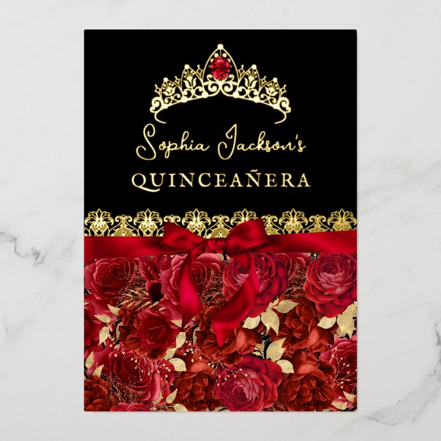 Elegant Ruby Red Gold Rose Quinceanera (Front)