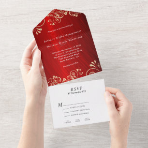 Elegant Ruby Red Gold Swirl Wedding All In One Invitation