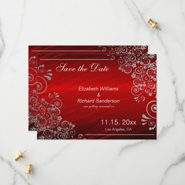 Elegant Ruby Red Grey Save the Date  Wedding (Front/Back In Situ)