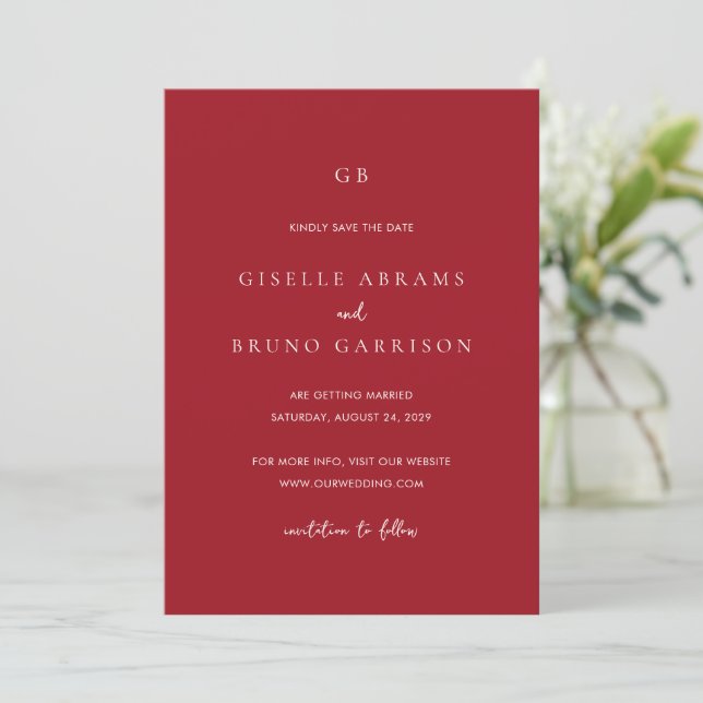 Elegant Ruby Red Modern Wedding Save The Date (Standing Front)