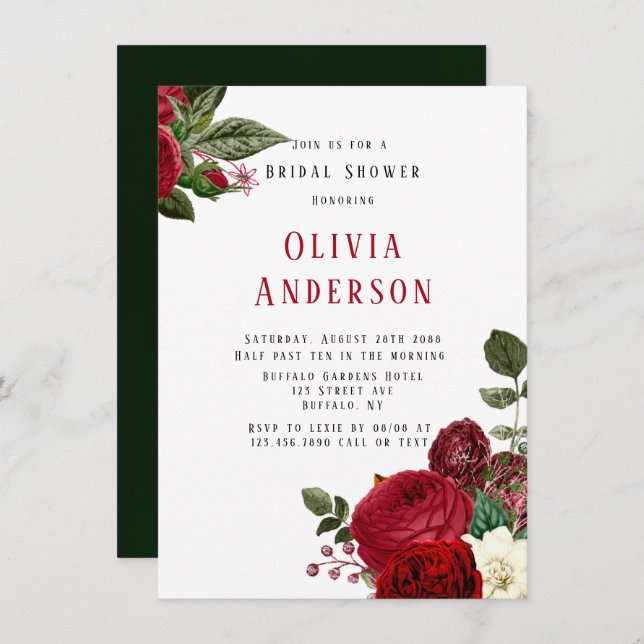 Elegant Ruby Red Peonies Bridal Shower Invitation (Front/Back)