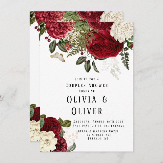 Elegant Ruby Red Peonies Couples Shower Invitation (Front/Back)
