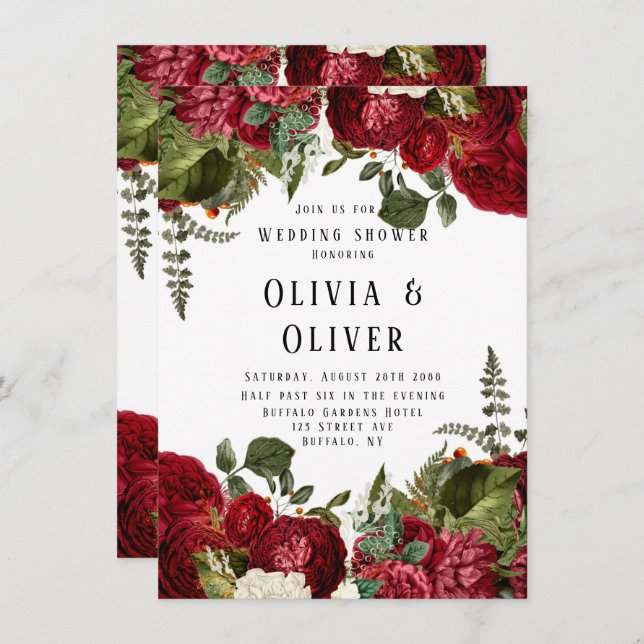 Elegant Ruby Red Peonies Wedding Shower Invitation (Front/Back)