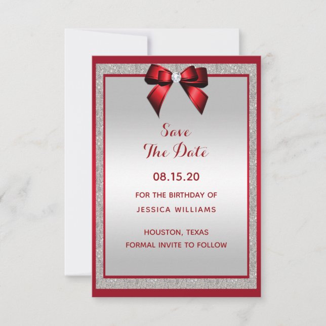 Elegant Ruby Red & Silver Glitter Birthday Save The Date (Front)