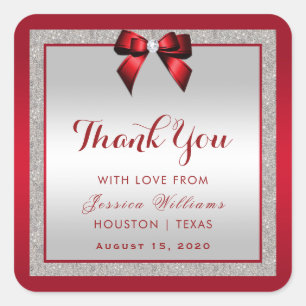 Elegant Ruby Red & Silver Glitter Birthday Square Sticker