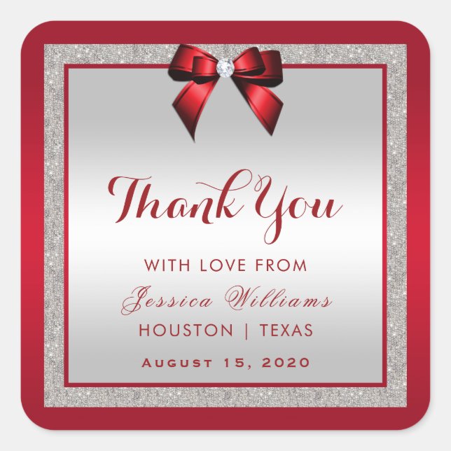 Elegant Ruby Red & Silver Glitter Birthday Square Sticker (Front)