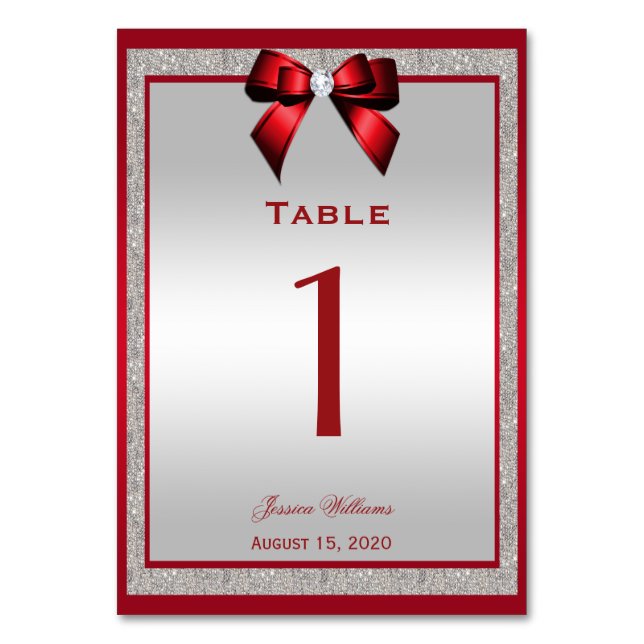 Elegant Ruby Red & Silver Glitter Birthday Table Number (Front)