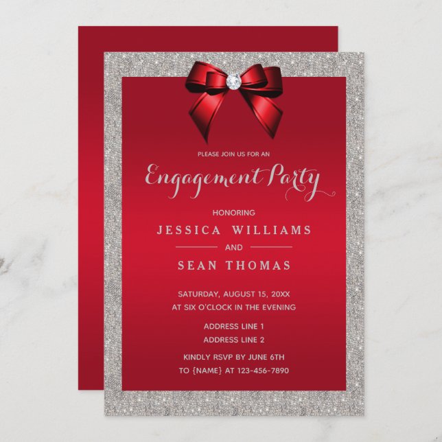 Elegant Ruby Red & Silver Glitter Engagement Invitation (Front/Back)