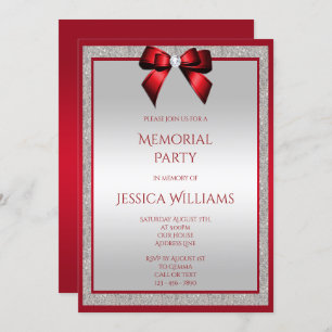 Elegant Ruby Red Silver Glitter Memorial Party Invitation
