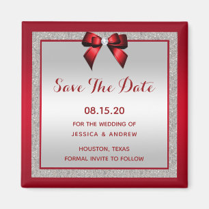 Elegant Ruby Red & Silver Glitter Save The Date Magnet