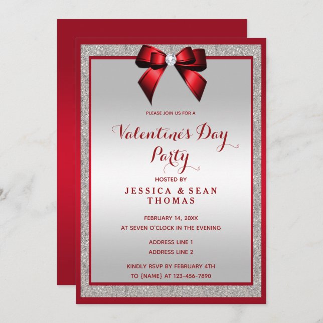 Elegant Ruby Red & Silver Glitter Valentine´s Day Invitation (Front/Back)