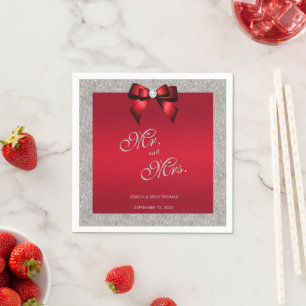Elegant Ruby Red, Silver Glitter Wedding Napkin