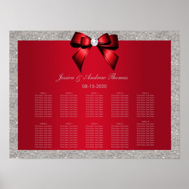 Elegant Ruby Red, Silver Glitter Wedding Poster (Front)
