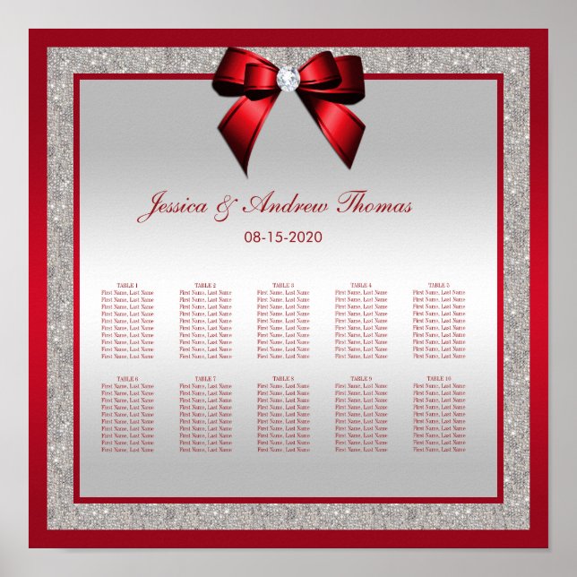 Elegant Ruby Red & Silver Glitter Wedding Poster (Front)
