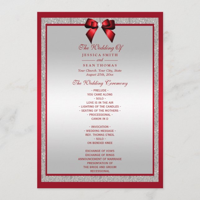 Elegant Ruby Red & Silver Glitter Wedding Programme (Front)