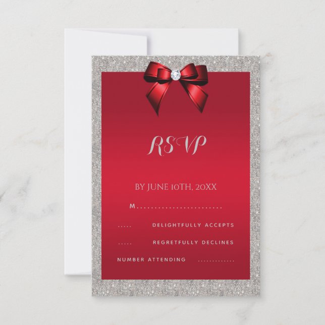 Elegant Ruby Red, Silver Glitter Wedding RSVP Card (Front)