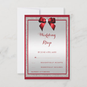 Elegant Ruby Red & Silver Glitter Wedding RSVP Card